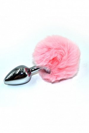 Анальная втулка Kanikule Plugs, металл, S Ø 2,8 см, серебристый с розовым заячьим хвостиком