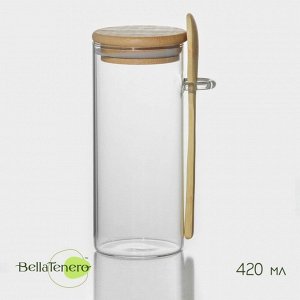 Банка для сыпучих продуктов BellaTenero «Эко», 420 мл, 6.7*15.5 см, с бамбуковой крышкой, с ложкой, стекло, прозрачная