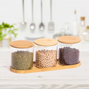 Набор банок для сыпучих продуктов 3пр 0,7л на подставке [БАМБУК]