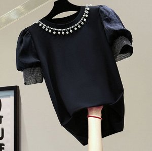 Женская блуза с пышными короткими рукавами, декорирована стразами и бисером, черный