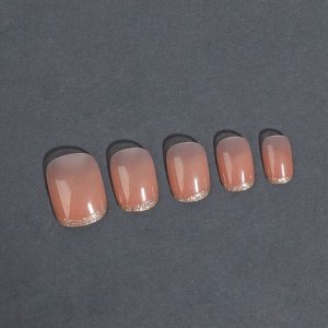 Накладные ногти «Nude», 12 шт, с клеевыми пластинами, c блёстками, форма мягкий квадрат, цвет светло - бежевый