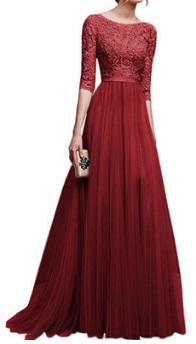 Комбинированное платье в пол с рукавами средней длины Цвет: БОРДО