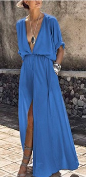 Длинное платье с короткими рукавами и глубоким V вырезом Цвет: СВЕТЛО-СИНИЙ