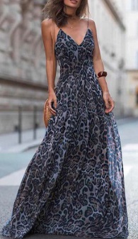 Длинное платье на тонких бретелях с принтом "леопард" Цвет: ТЕМНО-СИНИЙ