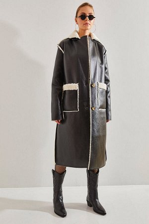 Женское кожаное пальто с двойным карманом