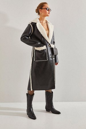 Женское кожаное пальто с двойным карманом
