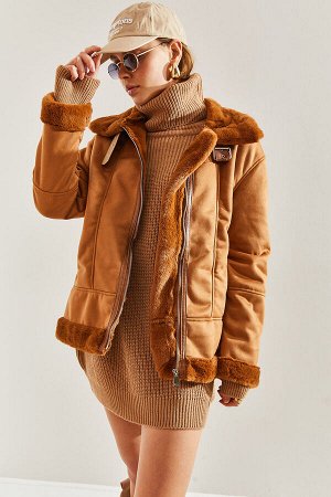 Женское замшевое пальто Araboy с ребристым воротником и пряжкой
