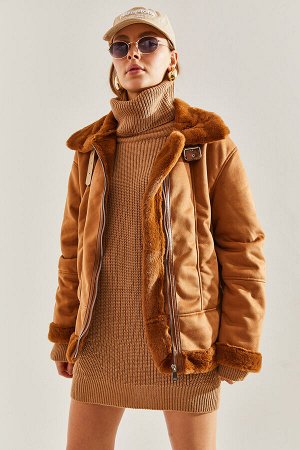 Женское замшевое пальто Araboy с ребристым воротником и пряжкой