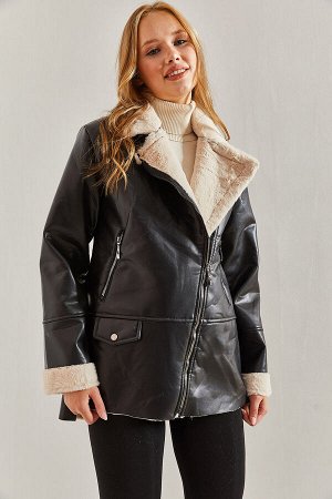 Женское кожаное пальто на меховой подкладке с небольшим карманом