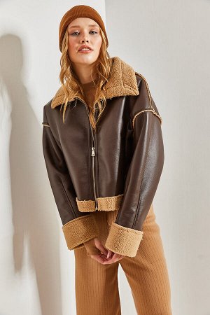 Женское меховое кожаное пальто с боковыми карманами
