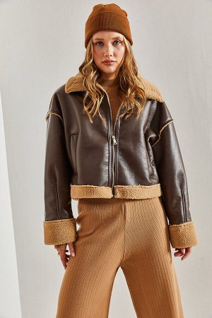 Женское меховое кожаное пальто с боковыми карманами