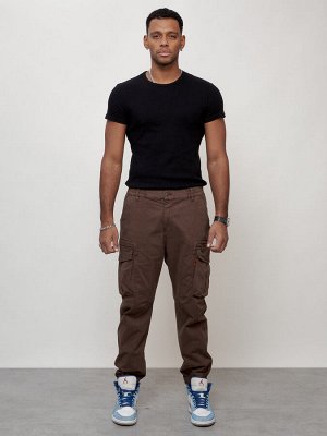 Джинсы карго мужские с накладными карманами коричневого цвета 2425K