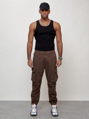 Джинсы карго мужские с накладными карманами коричневого цвета 2428K