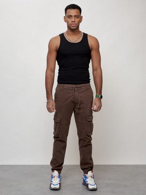 Джинсы карго мужские с накладными карманами коричневого цвета 2402K