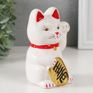 Копилка керамика "Белый кот Манэки-нэко с колокольчиком" 8х7,5х13 см