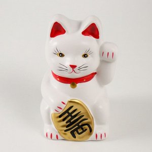 Копилка керамика "Белый кот Манэки-нэко с колокольчиком" 8х7,5х13 см