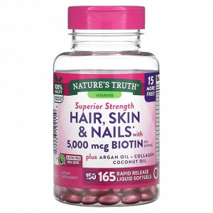 Nature's Truth, Содержит биотин для волос, кожи и ногтей, 5000 мкг, 165 капсул с быстрым высвобождением