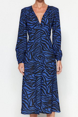 Темно-синее тканое платье-рубашка с рисунком зебры