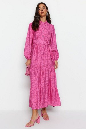 Розовое плетеное платье на подкладке с цветочным узором, юбка с поясом и маховиком
