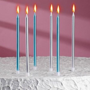 Свечи в торт "Ройс", 6 шт, высокие, 13 см, серебряные и голубые