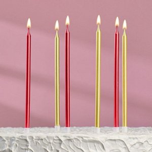 Свечи в торт "Ройс", 6 шт, высокие, 13 см, бордовые и золотые