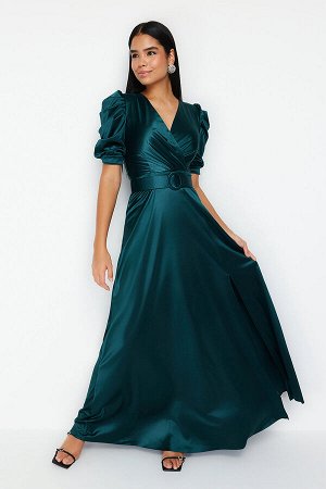 Изумрудно-зеленое трикотажное стильное вечернее платье