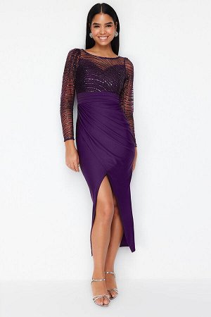 Фиолетовое тюлевое трикотажное стильное вечернее платье с деталями