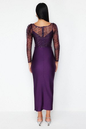 Фиолетовое тюлевое трикотажное стильное вечернее платье с деталями