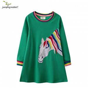 Детское зеленое платье с длинным рукавом, принт Лошадь