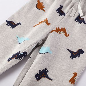 Детские серые брюки на резинке, принт Динозавры