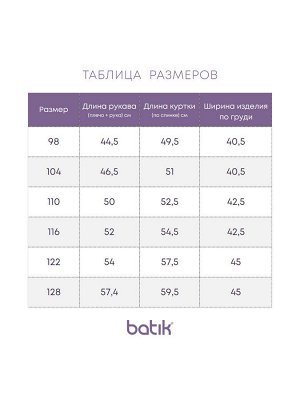 Куртка Российский размер: 98 | 104 | 110
Артикул поставщика: 625-24в-1
Сезон: Осень, Весна
Год: 2024
Страна: Россия
Подклад: флис
Ткань верха: мембрана
Утеплитель: 100 гр/м²

Демисезонная куртка-пар