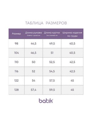 Куртка Кратность для заказа:  1
Российский размер: 104 | 110 | 98
Артикул поставщика: 625-24в
Подклад: флис
Ткань верха: мембрана
Утеплитель: 100 гр/м²
Год: 2024
Страна: Россия

Демисезонная куртка-