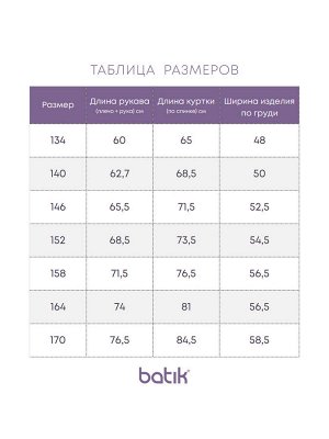 Куртка Кратность для заказа:  1
Российский размер: 134 | 152 | 146 | 140
Артикул поставщика: 661-24в
Утеплитель: 100 гр/м2
Ткань верха: курточная ткань (мембрана)
Подклад: полибрушед
Год: 2024
Страна: