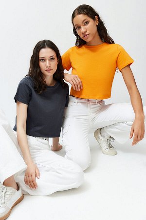 Антрацитово-оранжевый комплект из 2 укороченных трикотажных футболок из 100 % хлопка с круглым вырезом