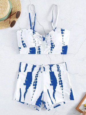 Женский раздельный купальник с трусиками-шортами, цвет белый/синий, с принтом