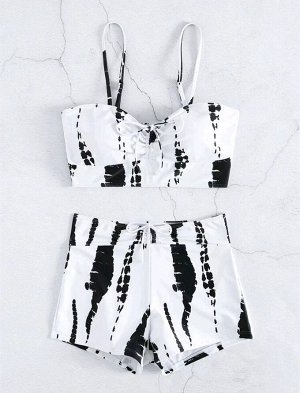 Женский раздельный купальник с трусиками-шортами, цвет белый/черный, с принтом