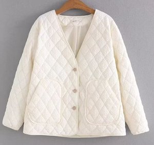 Куртка весенняя стеганая из текстурной ткани, с v-образным вырезом на пуговицах,  молочный