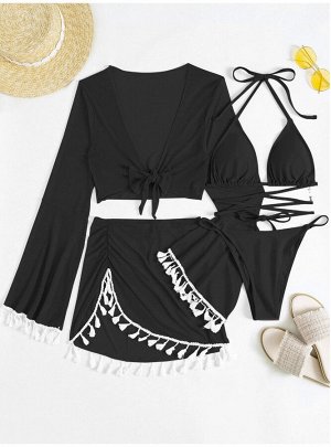 Женский купальный комплект (купальник + юбка + накидка с рукавом, цвет черный)