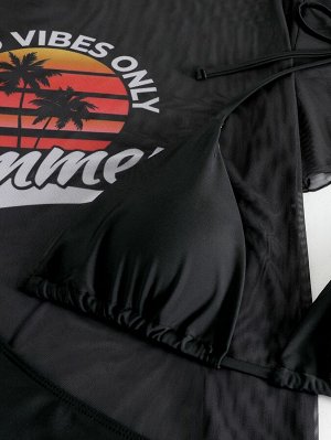 Женский купальный комплект (купальник+платье, цвет черный, с принтом)
