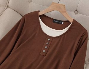 Пуловер трикотажный двойной с круглым вырезом, коричневый