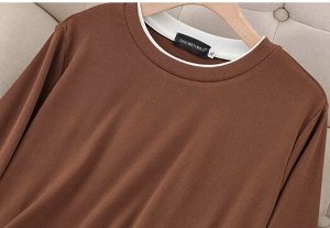 Пуловер трикотажный с контрастным кантом, с круглым вырезом, коричневый
