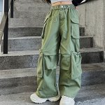 Детские широкие брюки-карго с кулисками, зеленый