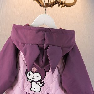 Детская демисезонная стеганая куртка с капюшоном, для девочки, с вышитым мультяшным принтом, розовый/сиреневый
