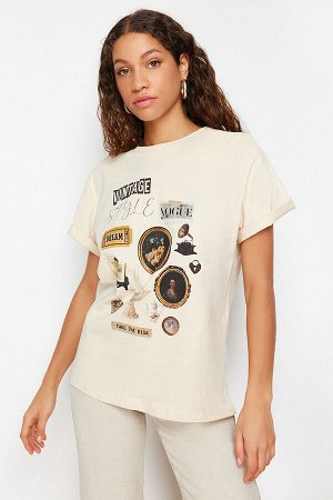 Трикотажная футболка бойфренда с круглым вырезом премиум-класса из 100 % хлопка с принтом