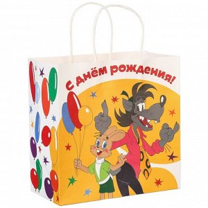 Пакет подарочный «С днём рождения», 22x22x11 см, крафт, упаковка, Ну, погоди
