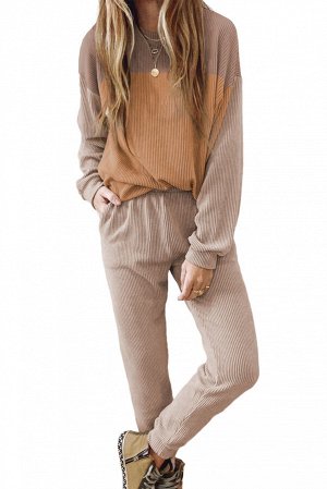 VitoRicci Brown Corded 2pcs Colorblock Pullover and Pants Outfit