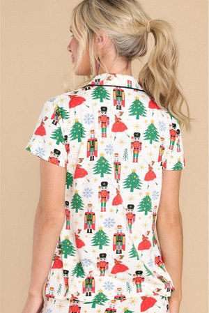 White Printed Christmas Pattern Buttoned Two Piece Sleepwear