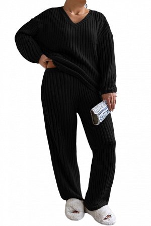 Black Plus Size Ribbed V Neck Pullover and Pants Set