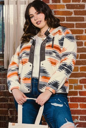 Gray Printed Aztec Print Stand Neck Snap Buttons Plus Size Jacket