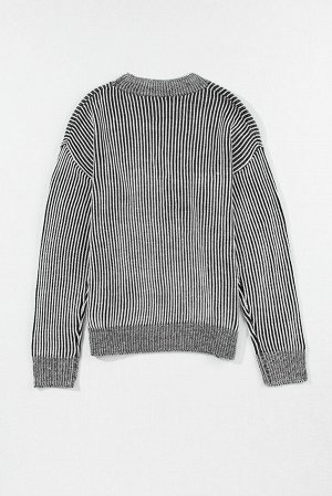 Black Striped Print Ribbed Trim Round Neck Sweater